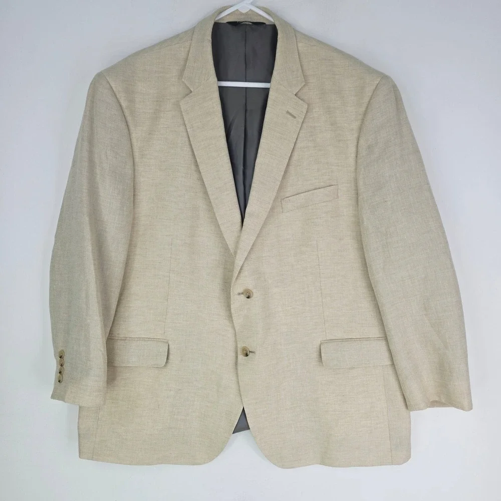 Jos A Bank Mens 50R Blazer Sport Coat Beige Tan Traditional Fit Two Button Linen